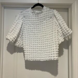 Anthropologie White Textured Bubble-Sleeve Top